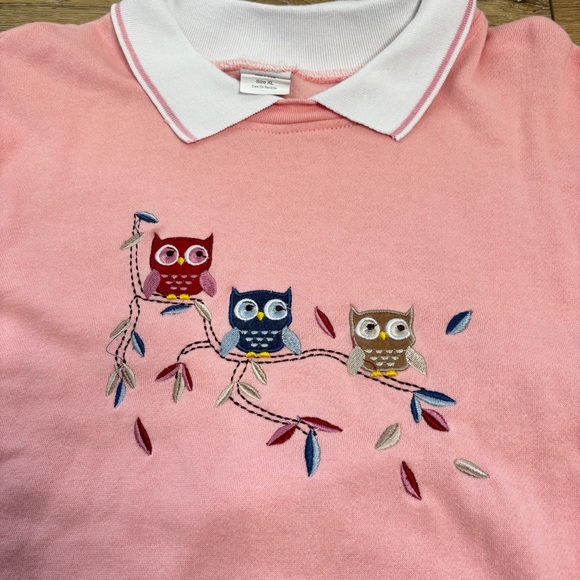 Vintage Adrian Delafield Womens XL Pink Owl Sweatshirt Collared Cottagecore EUC - Picture 14 of 14